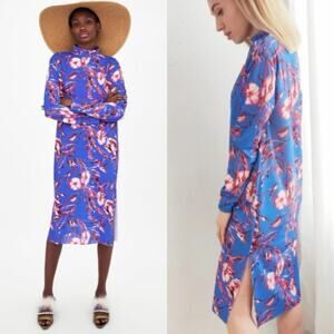 NWT ZARA Floral Tunic Midi Dress Blue/Pink Side Slit Size Large Resort Vacation‎